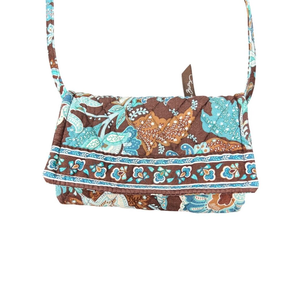 Vera Bradley Java Brown Blue Retired TriFold Wallet Crossbody Wristlet Purse
